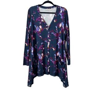 Logo By Lori Goldstein Shirt Womens 1X Blue Floral Flowy Tunic Comfy Boho Artsy